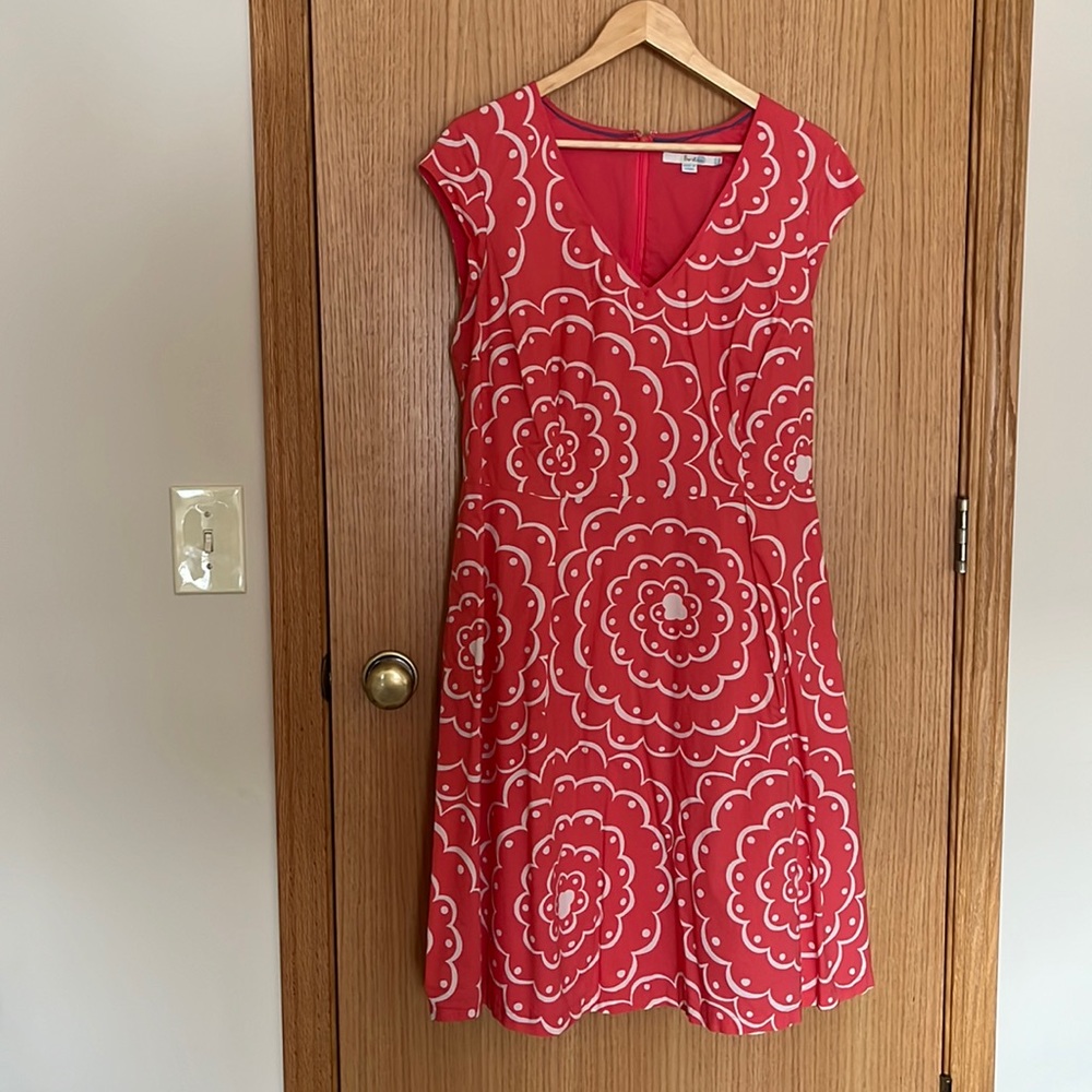 Boden dress 14 long cotton pink white swirls polka dot lined
